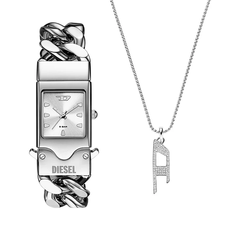 Diesel Men's Closer Silver-Tone Watch and D Logo Necklace, Set