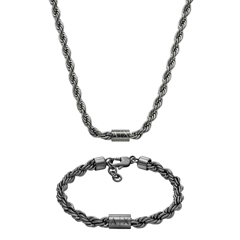 Armani Exchange Men's Grey Stainless Steel Necklace and Bracelet, Set