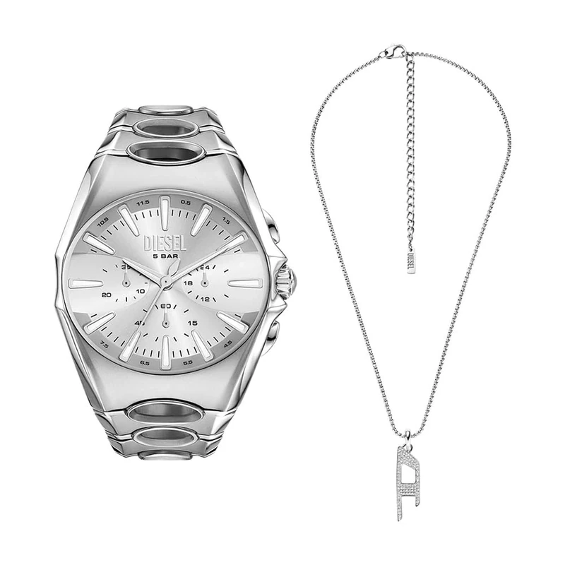 Diesel Men's D-Curve Silver-Tone Watch and D Logo Necklace, Set