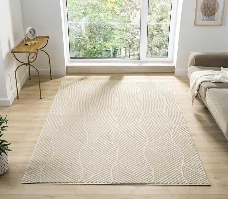 Rugs by Desire Vellure Modern Indoor Living Room Area Rug Embossed Cut-Shrink Pile with Metallic Sheen Jute Backing Living Room - Bedroom Hallway Carpet Pyramid Cream 200x290 cm