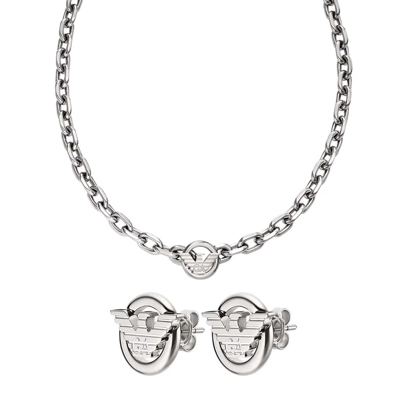 Emporio Armani Men's Silver-Tone Stainless Steel Necklace and Earrings, Set