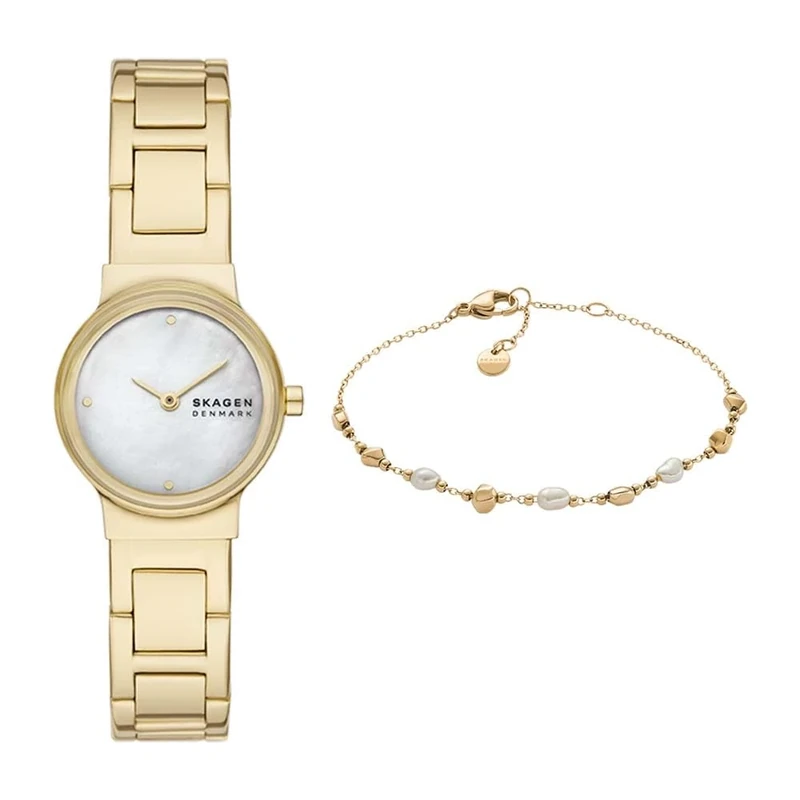 Skagen Women's Freja Lille Gold-Tone Stainless Steel Watch and Agnethe Pearl Bracelet, Set