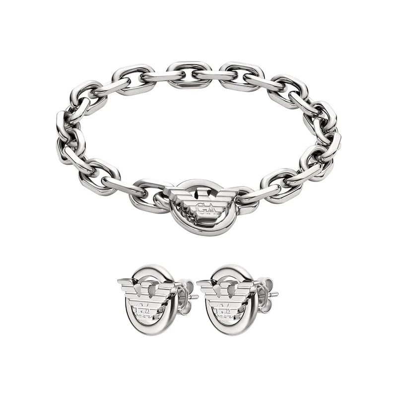 Emporio Armani Men's Silver-Tone Stainless Steel Bracelet and Earrings, Set