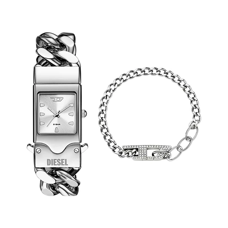 Diesel Men's Closer Silver-Tone Watch and D Logo Bracelet, Set