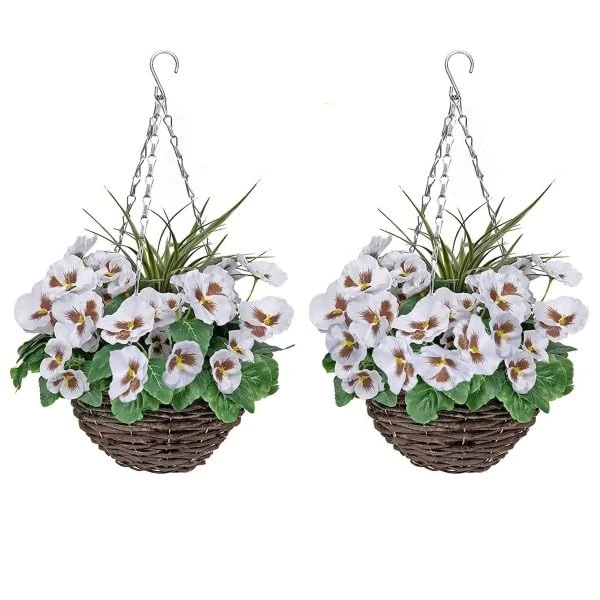 GreenBrokers 2 x Artificial Hanging Baskets Pansies and Decorative Grasses (Set of 2), Rattan, White Round, 52cm/20in