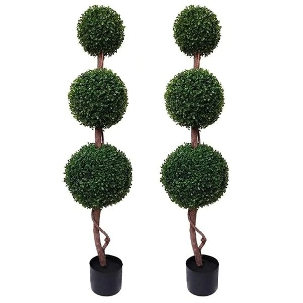 GreenBrokers 2X Triple Ball Artificial Boxwood Topiary Trees-4ft/120cm, 4ft (120cm)