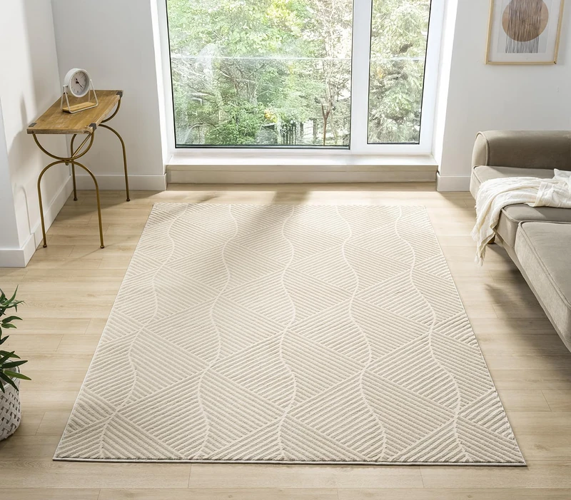 Rugs by Desire Vellure Modern Indoor Living Room Area Rug Embossed Cut-Shrink Pile with Metallic Sheen Jute Backing Living Room - Bedroom Hallway Carpet Pyramid Cream 160x230 cm