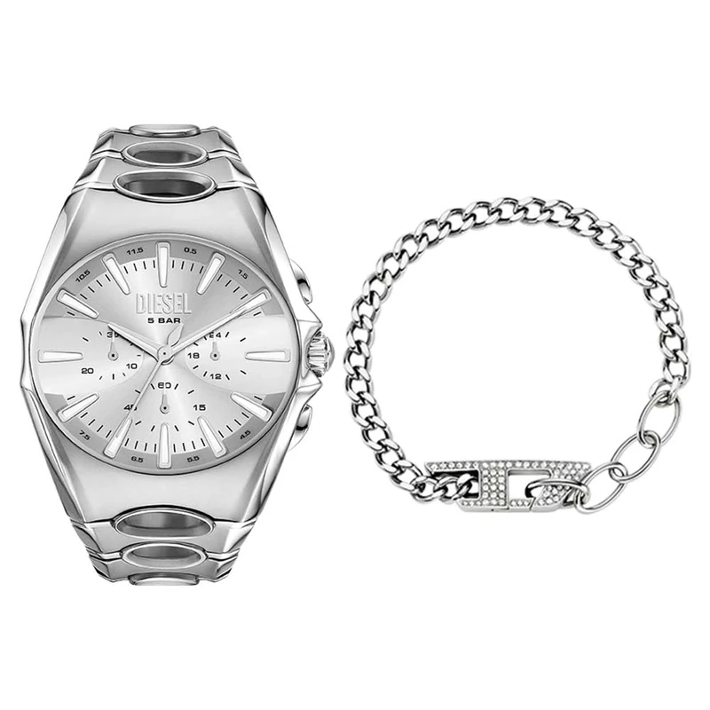 Diesel Men's D- Curve Silver-Tone Watch and D Logo Necklace, Set