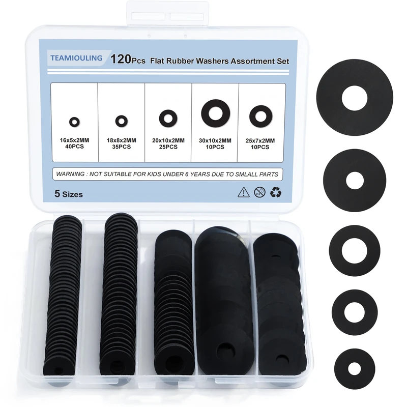 TEAMIOULING 120Pcs Rubber Washers Assorted Kit,16/18/20/25/30mm Black Washer,Vibration Absorbing Pads Sealing Rubber Washers for Faucets Garden Bolts Screws Hose Plumbing Shower Head- 5 Sizes