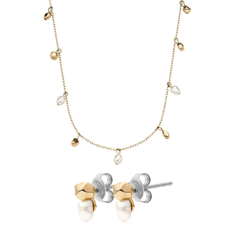 Skagen Women's Agnethe Pearl Gold-Tone Stainless Steel Necklace and Earrings, Set