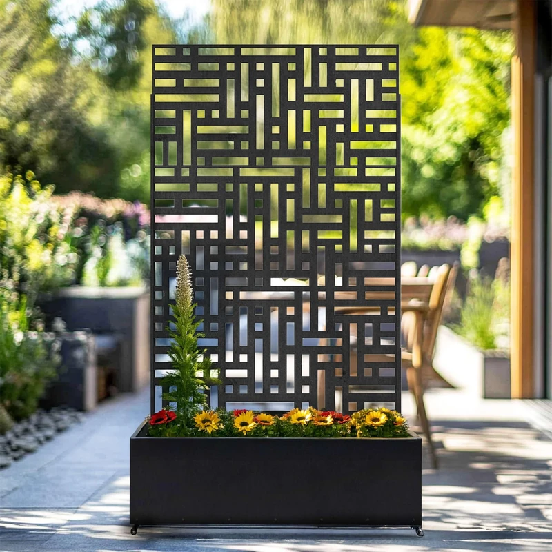 Nicoman Metal Garden Planter with Decorative Privacy Screen (1.8m) - Freestanding Outdoor Divider with Wheels for Patio, Balcony or Garden Use (Black, 90 x 180 cm with Pot)