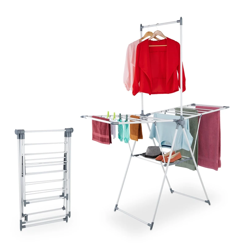 Relaxdays foldable airer, clothes rail, 15 m drying length, HxWxD: 199 x 155 x 69 cm, steel, space-saving, white - Image 1