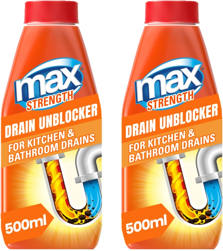 Max Strength Drain Unblocker 500ml, 2 Pack – Kitchen & Bathroom Sink Unblocker for Showers, Sinks, Basins, Baths – Heavy Duty Plug & Drain Unclogger
