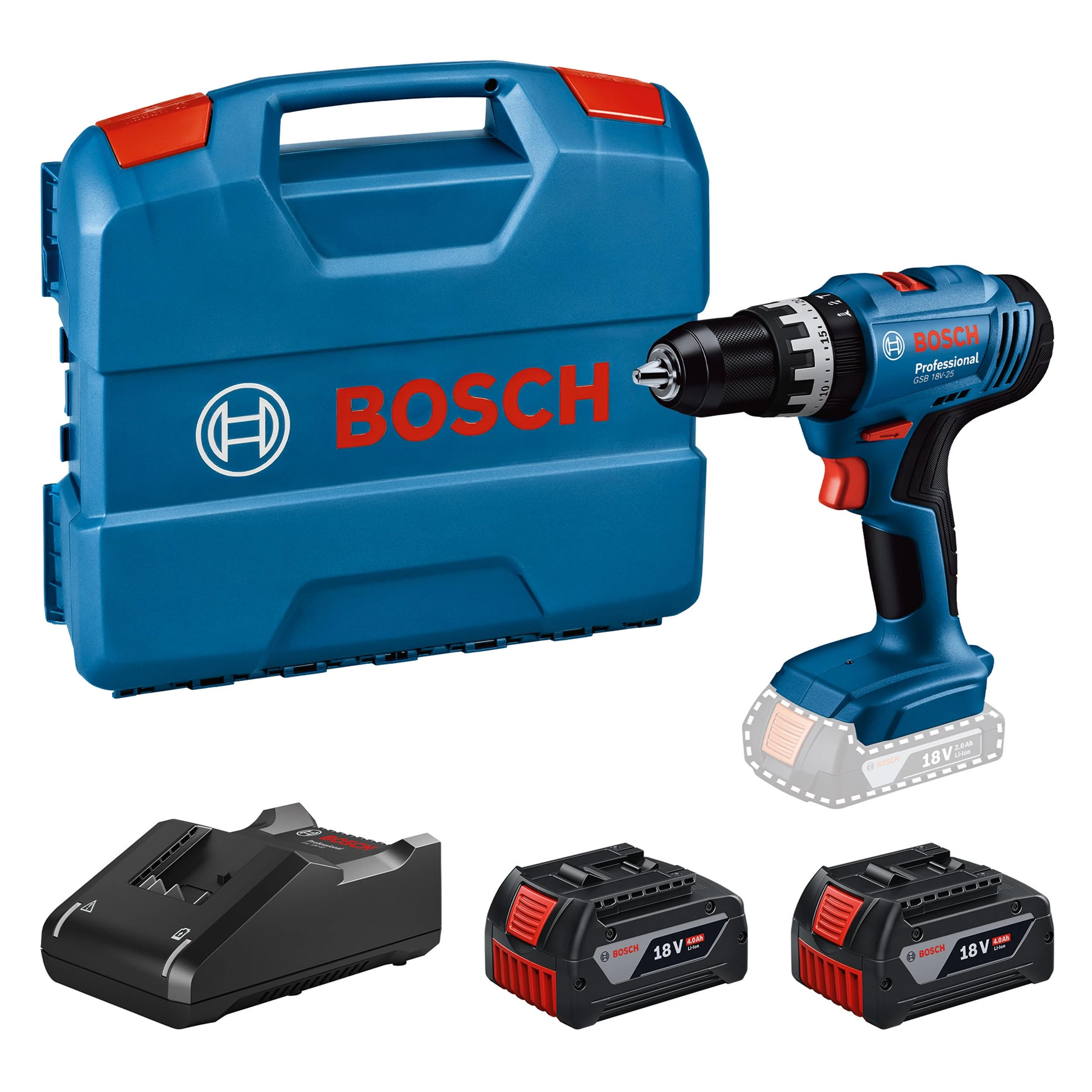 Bosch Professional 18V System Cordless Impact Drill Driver GSB 18V-25 (Screw Ø max. 10 mm, incl. 2X GBA 4.0Ah, GAL 18V-40, L-Case Pick & Click)