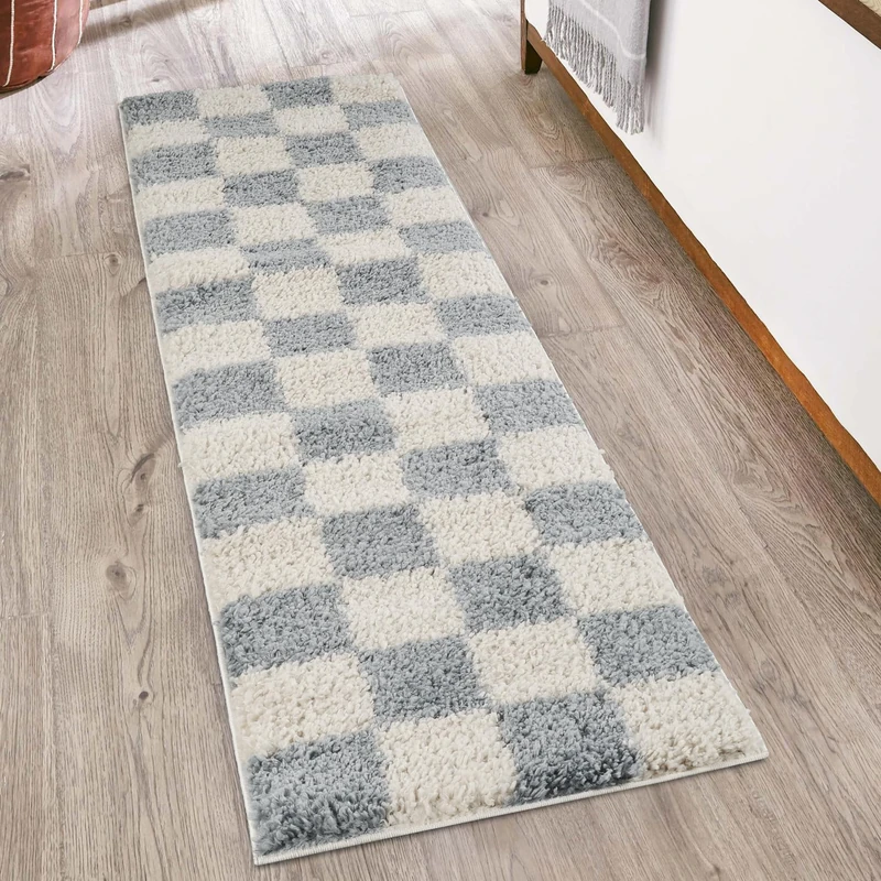 Rugs by Desire Chester Living Room Shaggy Area Rug Modern - Contemporary Checkered Design 30mm Plush Pile Jute Backing Soft Woven Carpet -Hallway Runner Indoor Rug, Duck Egg Blue, 60x220 cm
