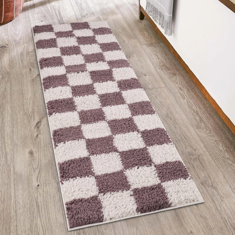 Rugs by Desire Chester Living Room Shaggy Area Rug Modern - Contemporary Checkered Design 30mm Plush Pile Jute Backing Soft Woven Carpet -Hallway Runner Indoor Rug, Lilac, 60x220 cm