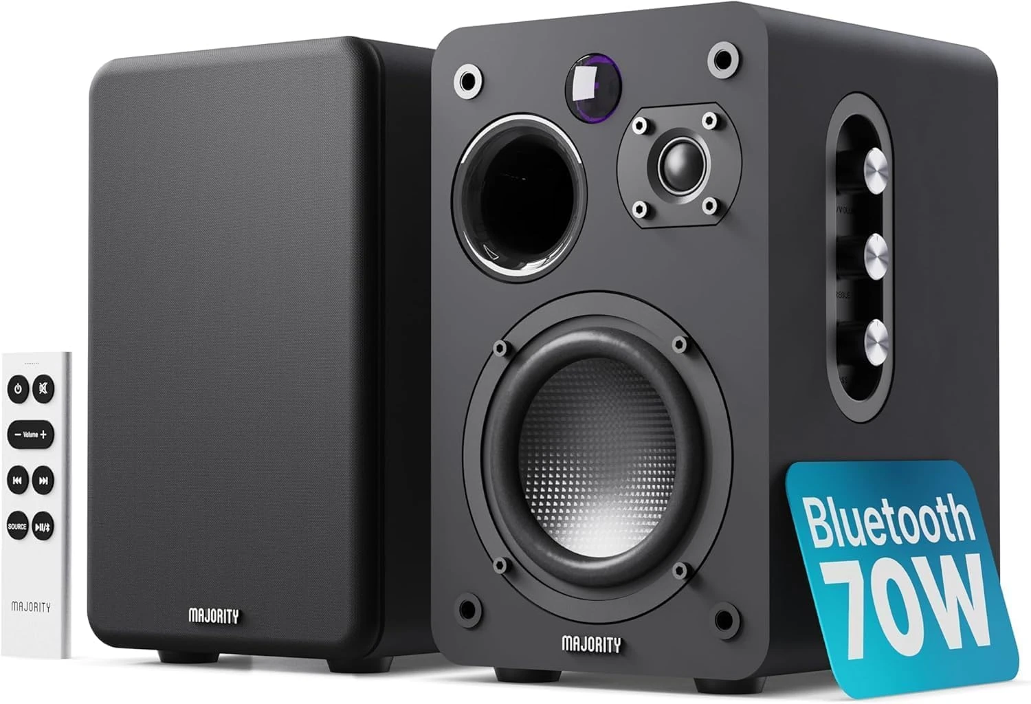 MAJORITY Bluetooth Active Bookshelf Speakers | Powered Stereo System | USB Playback | USB Charging port | HDMI ARC, Optical, Phono, Aux | Turntable Speakers | Extra Bass D70X BLACK