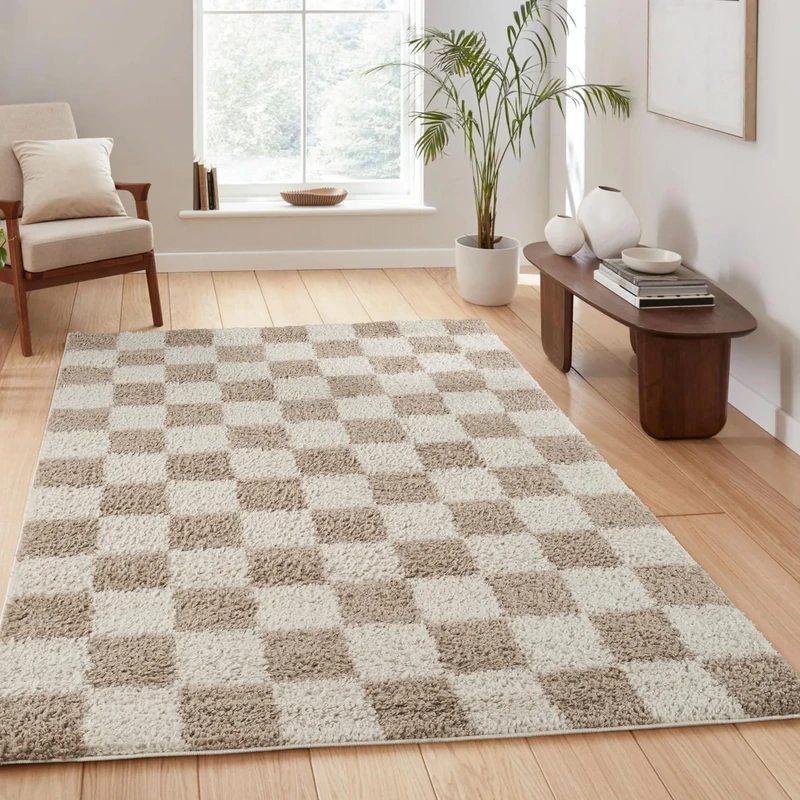 Chester Living Room Shaggy Area Rug Modern - Contemporary Checkered Design 30mm Plush Pile Jute Backing Soft Woven Carpet -Hallway Runner Indoor Rug, Beige, 120x170 cm