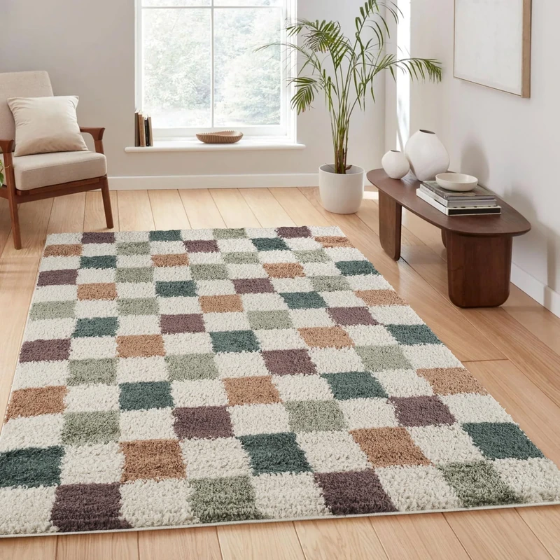 Rugs by Desire Chester Living Room Shaggy Area Rug Modern - Contemporary Checkered Design 30mm Plush Pile Jute Backing Soft Woven Carpet -Hallway Runner Indoor Rug, Multi, 120x170 cm