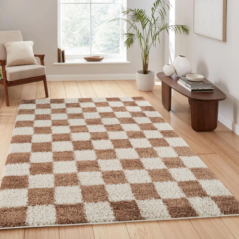Chester Living Room Shaggy Area Rug Modern - Contemporary Checkered Design 30mm Plush Pile Jute Backing Soft Woven Carpet -Hallway Runner Indoor Rug, Terracotta, 160x230 cm