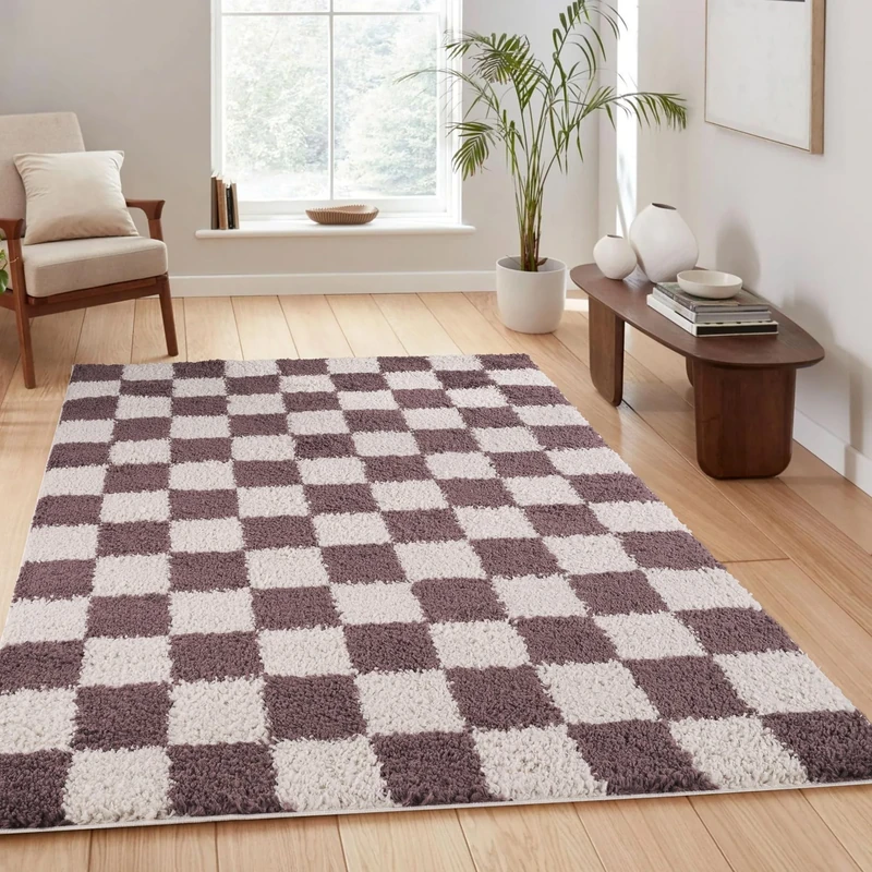 Rugs by Desire Chester Living Room Shaggy Area Rug Modern - Contemporary Checkered Design 30mm Plush Pile Jute Backing Soft Woven Carpet -Hallway Runner Indoor Rug, Lilac, 120x170 cm