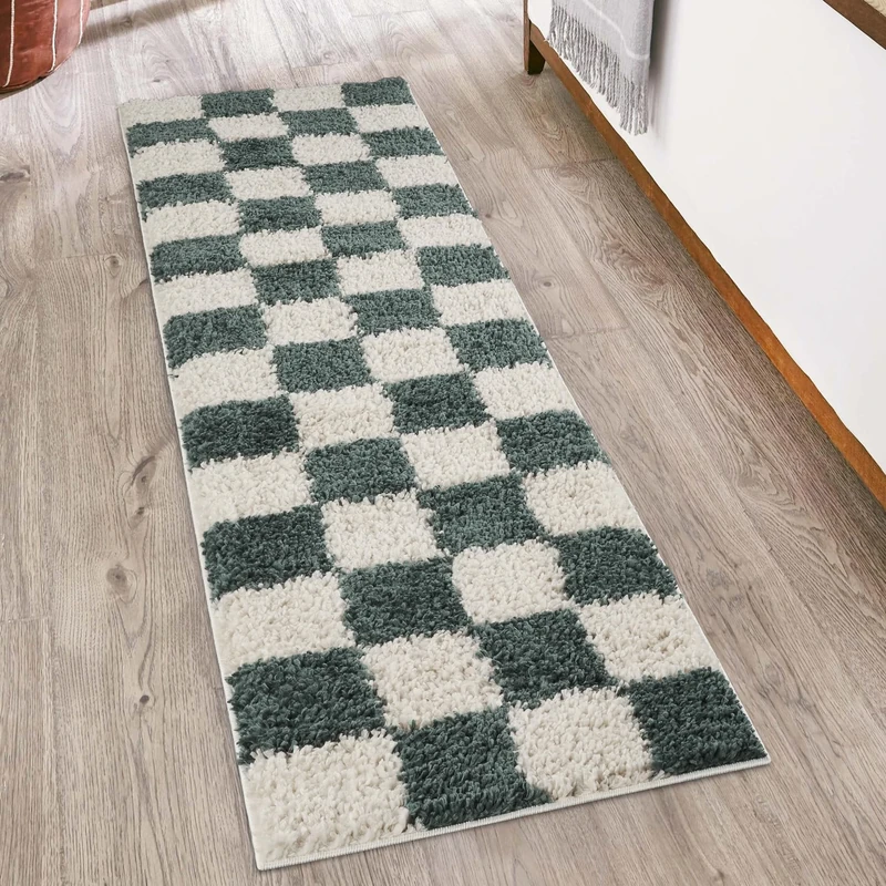 Chester Living Room Shaggy Area Rug Modern - Contemporary Checkered Design 30mm Plush Pile Jute Backing Soft Woven Carpet -Hallway Runner Indoor Rug, Jade Green, 60x220 cm
