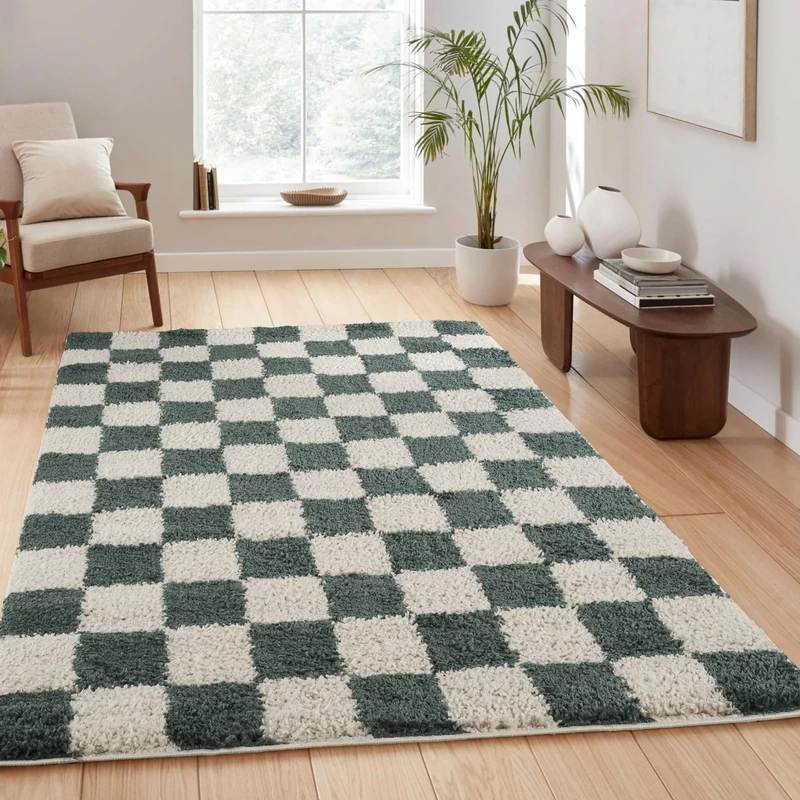 Rugs by Desire Chester Living Room Shaggy Area Rug Modern - Contemporary Checkered Design 30mm Plush Pile Jute Backing Soft Woven Carpet -Hallway Runner Indoor Rug, Jade Green, 120x170 cm