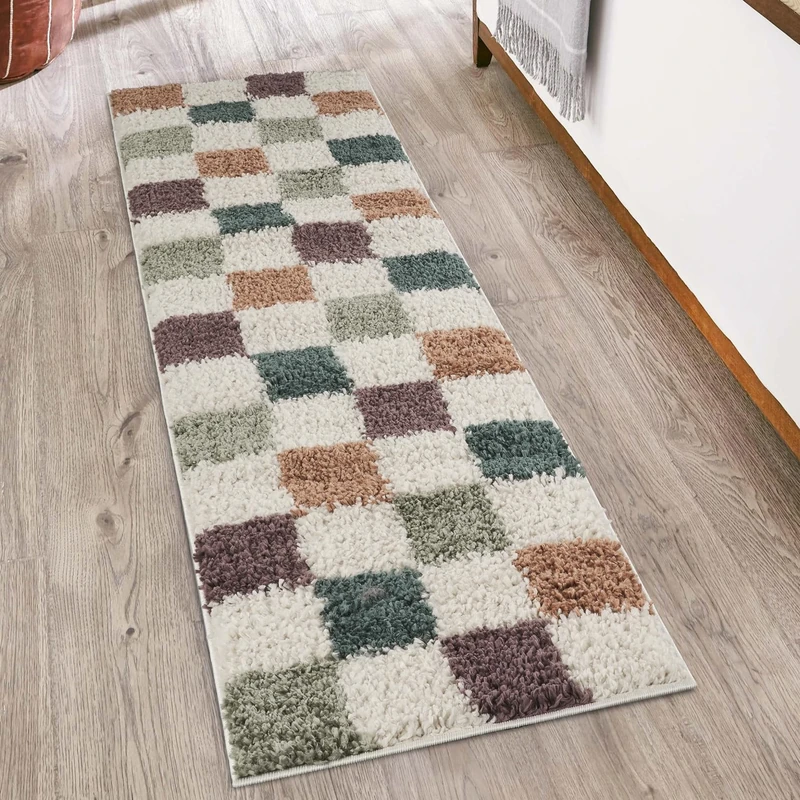Rugs by Desire Chester Living Room Shaggy Area Rug Modern - Contemporary Checkered Design 30mm Plush Pile Jute Backing Soft Woven Carpet -Hallway Runner Indoor Rug, Multi, 60x220 cm
