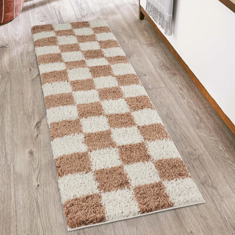 Chester Living Room Shaggy Area Rug Modern - Contemporary Checkered Design 30mm Plush Pile Jute Backing Soft Woven Carpet -Hallway Runner Indoor Rug, Terracotta, 60x220 cm