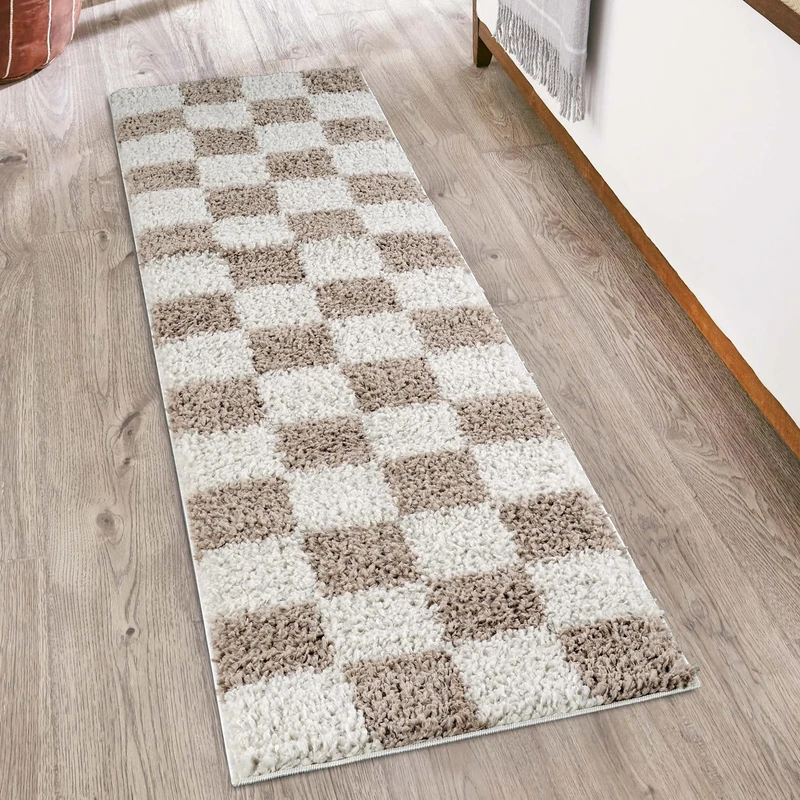 Chester Living Room Shaggy Area Rug Modern - Contemporary Checkered Design 30mm Plush Pile Jute Backing Soft Woven Carpet -Hallway Runner Indoor Rug, Beige, 60x220 cm