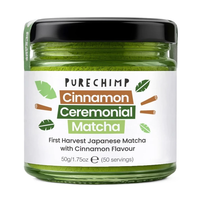 PureChimp Ceremonial Grade Matcha Powder Cinnamon Flavour 50g. 100% Pure Green Tea with Cinnamon Powder. Shade-Grown for Matcha Latte, Teas & Recipes. Recyclable Glass Jar. Antioxidant-Rich.