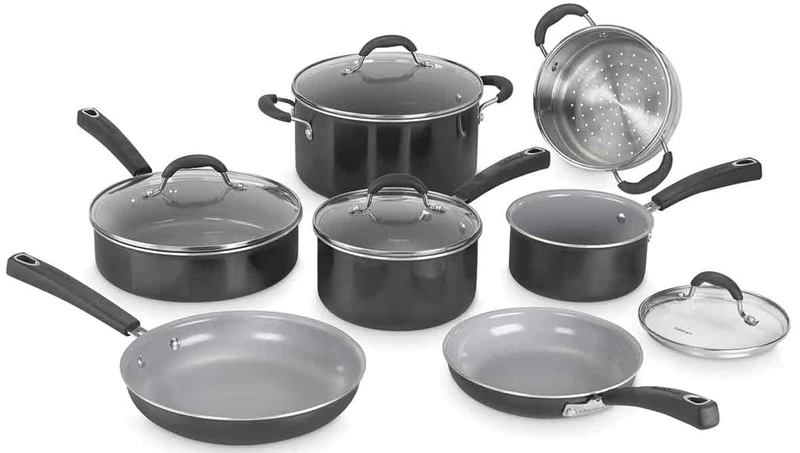 Cuisinart Ceramica XT Non-Stick Cookware Set 11-piece: Saucepans, Frypans, Stockpot, Sauté Pan, Steamer | Titanium-reinforced ceramic interior, PTFE, PFOA & PFAS-free Silicone Cool Grips,Black Ceramic