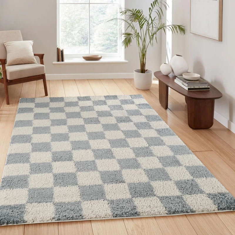 Chester Living Room Shaggy Area Rug Modern - Contemporary Checkered Design 30mm Plush Pile Jute Backing Soft Woven Carpet -Hallway Runner Indoor Rug, Duck Egg Blue, 120x170 cm