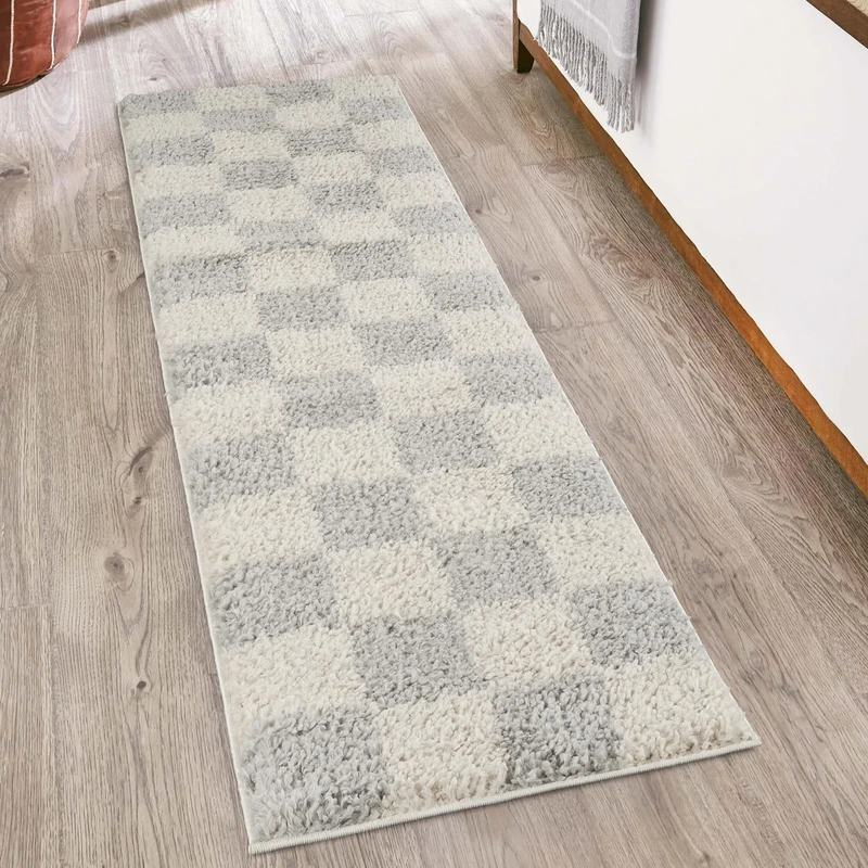 Chester Living Room Shaggy Area Rug Modern - Contemporary Checkered Design 30mm Plush Pile Jute Backing Soft Woven Carpet -Hallway Runner Indoor Rug, Grey, 60x220 cm