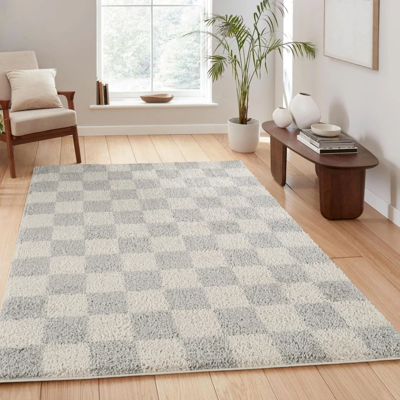 Chester Living Room Shaggy Area Rug Modern - Contemporary Checkered Design 30mm Plush Pile Jute Backing Soft Woven Carpet -Hallway Runner Indoor Rug, Grey, 160x230 cm