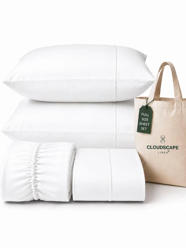 Cloud Scape Linen 100% Egyptian Cotton Full Size Sheet Set, 400 Thread Count, Soft, Durable & Breathable Cotton Bedsheet Set, Up to 16" Deep Pocket,White