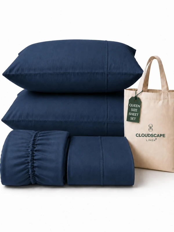 Cloud Scape Linen 100% Egyptian Cotton Sheets for Queen Size Bed, 400 Thread Count, Hotel Quality, Soft,Durable Cotton Bedsheet Set, Deep Pockets up to 17”, Dark Denim