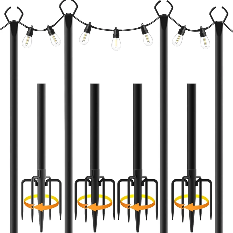AHRLHR 4pack 3M String Light Pole, Metal Outdoor String Light Pole, Suitable for Courtyard,Backyard,Garden,Patio,Party,Wedding Hanging Light Pole,Rustproof and Sturdy with Hooks.