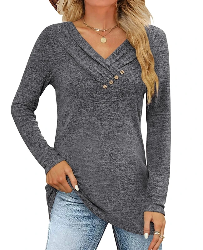 Cicy Bell Women's Fall Long Sleeve Tunic Tops V Neck Button Casual Blouse Sweatshirt,Deep Grey,XL