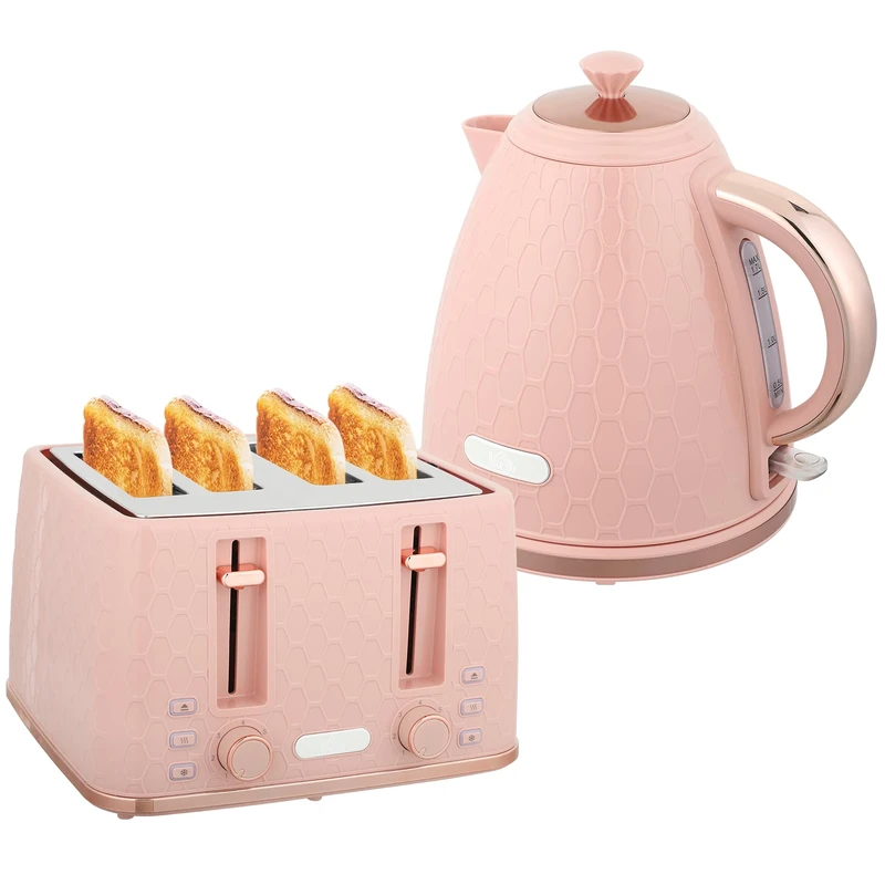 HOMCOM Kettle and Toaster Set, 1.7L 3000W Fast Boil Jug Kettle with Auto Shut Off, 4 Slice Toaster with 7 Level Browning Controls & Crumb Tray, UK Otter Thermostat, Light Pink