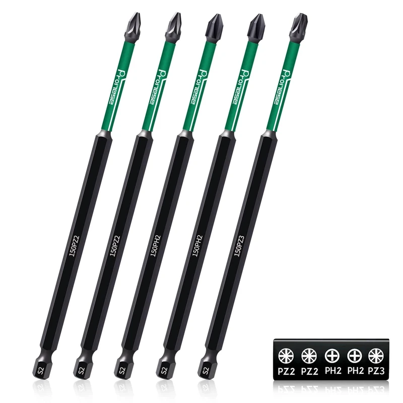 Pronese 5 pcs 150 mm PZ2 & PH2 & PZ3 Magnetic Impact Driver Bits, Long S2 Steel Magnetic Drill Bits
