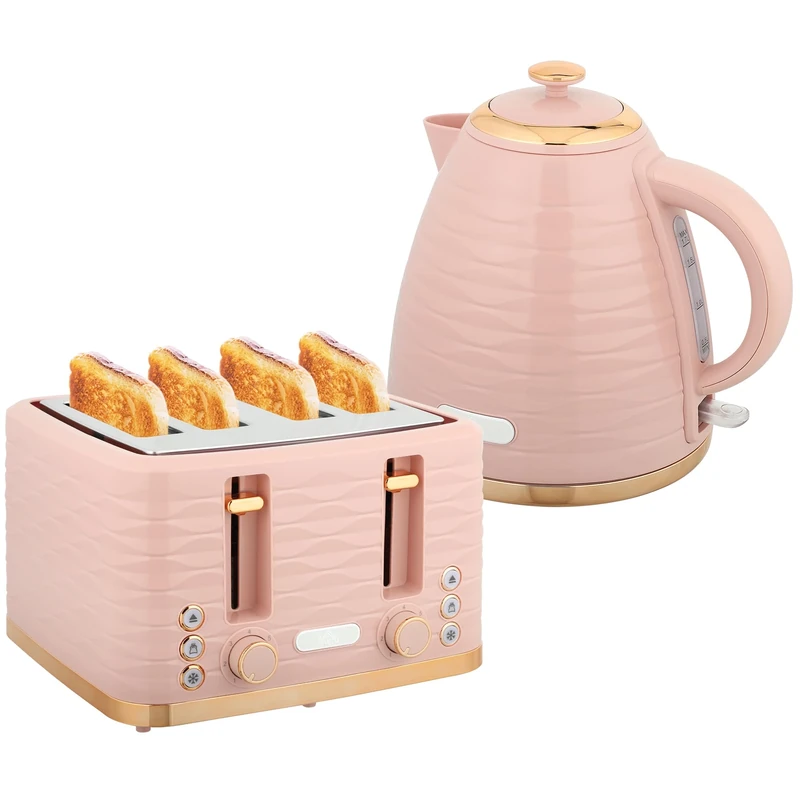 HOMCOM Kettle and Toaster Sets, 3000W 1.7L Rapid Boil Kettle & 4 Slice Toaster with 7 Browning Controls, Defrost, Reheat and Crumb Tray, UK Otter Thermostat, Light Pink