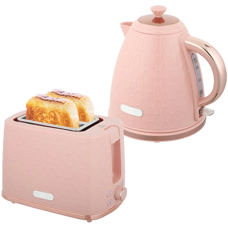 HOMCOM Kettle and Toaster Set, 1.7L 3000W Fast Boil Jug Kettle with Auto Shut Off, 2 Slice Toaster with 7 Level Browning Controls & Crumb Tray, UK Otter Thermostat, Light Pink
