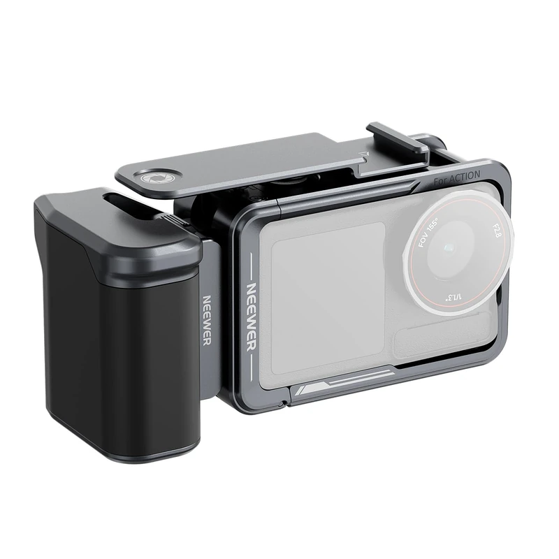 NEEWER Cage and Side Handle Kit Compatible with DJI Osmo Action 5 Pro / 4/3, Vlogging Protective Metal Video Rig with Magnetic Adapter Mount, Cold Shoe Shutter Extender Bar, Dark Gray, AC014+AC034