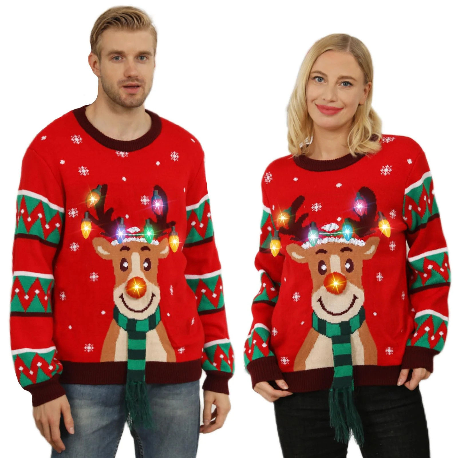 Kouric Christmas Jumpers for Women Men UK,Light Up Christmas Jumper,Unisex Funny Novelty Reindeer Led Lights Flashing Ugly Christmas Sweater,Festive Tacky Rude Matching Xmas Sweaters for Couples Adult
