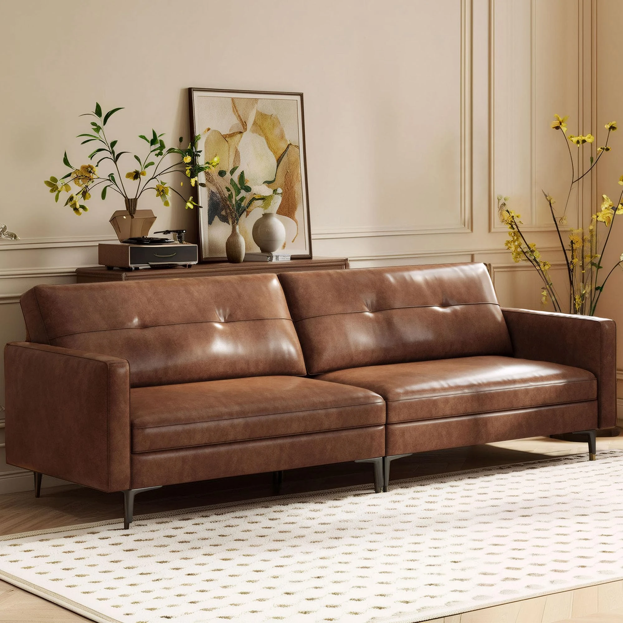 Hearthform Modern Leather Sectional Sofa Living Room Couch Brown Tufted Design Metal Legs