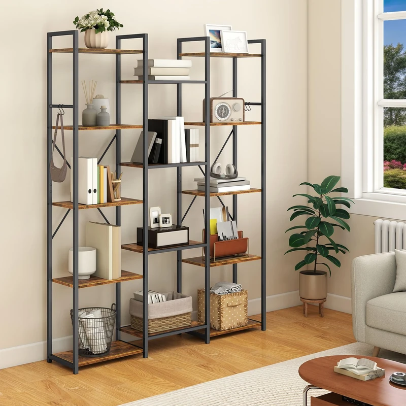 YITAHOME Industrial Bookcase 135 cm Wide, Standing Open Wooden and Metal Frame with 14 Shelves, Display Shelf for Living Room, Home Office, Vintage Brown