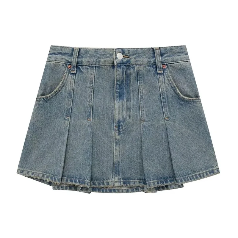 Women's Pleated Vintage Mid-Rise Zipper Blue Mini Skirt Blue M