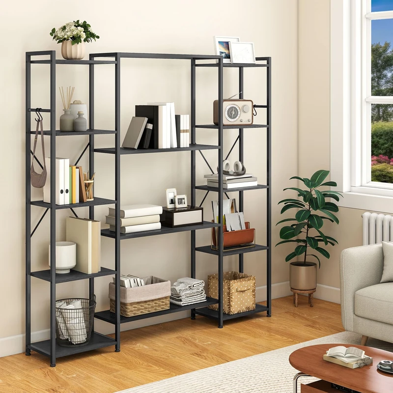 YITAHOME Industrial Bookcase 73 cm Wide, Standing Open Wooden and Metal Frame with 13 Shelves, Display Shelf for Living Room, Home Office