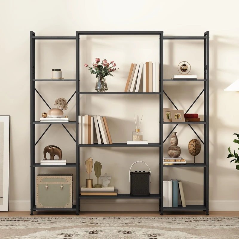 DWVO Industrial Standing Bookcase, Wooden Standing Shelf and Metal Frame, Display Shelf for Living Room with 13 Shelves, Home Office, Pure White